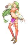  1girl breasts feena_(grandia) full_body grandia grandia_i green_eyes green_hair hair_ornament hair_tubes hidezi jewelry long_hair looking_at_viewer low-tied_long_hair midriff navel necklace simple_background skirt solo thighhighs white_background 