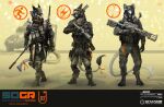  2022 absurd_res anthro armor atom_sergal clothed clothing digitigrade english_text group gun hat headgear headwear hi_res hood male melee_weapon military pouches ranged_weapon sergal standing text trio weapon 