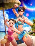  2girls bangs beach bikini blue_bikini blue_choker blue_nails blue_sarong breasts brown_eyes brown_hair child choker chun-li clenched_hands day double_bun fighting_stance fingernails flower front-tie_bikini front-tie_top hair_flower hair_ornament hair_ribbon hibiscus lens_flare li-fen looking_at_viewer medium_breasts multiple_girls nail_polish navel ocean official_alternate_costume official_art parted_hair parted_lips pink_swimsuit ribbon sarong short_hair street_fighter street_fighter_v studded_bracelet swept_bangs swimsuit teeth the_king_of_fighters_all-stars thick_thighs thighs toned upper_teeth 