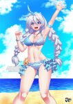  1girl :d armpits artist_name bangs beach bikini blue_bikini blue_eyes blue_sky braid breasts cleavage cloud cloudy_sky headband honkai_(series) honkai_impact_3rd jadenkaiba kiana_kaslana looking_at_viewer navel open_mouth outdoors sand sky smile summer summer_uniform swimsuit twin_braids water waving white_hair 