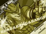  abs anthro barrel_(live-a-hero) bodysuit canid canine canis clothing english_text gun hi_res kinaisan22511 lifewonders live-a-hero male mammal pecs ranged_weapon shooting shooting_gun skinsuit solo spandex superhero text tight_clothing video_games weapon wolf 