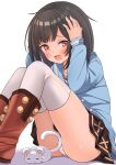  1girl black_hair blouse boots breasts cowering granblue_fantasy hands_on_own_head hekomii looking_at_viewer medium_breasts medium_hair mouse open_mouth panties pantyshot red_eyes sitting skirt solo thighhighs underwear vikala_(granblue_fantasy) white_background white_legwear 