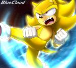  anthro bluecloud clothing eulipotyphlan fangs fur gloves handwear hedgehog hi_res male mammal red_eyes sega sonic_the_hedgehog sonic_the_hedgehog_(series) space super_sonic thick_thighs yellow_body yellow_fur 