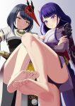  2girls absurdres barefoot black_hair cleavage_cutout clothing_cutout genshin_impact hair_ornament highres japanese_clothes kujou_sara lemon_kele multiple_girls no_shoes purple_hair raiden_shogun soles toes 