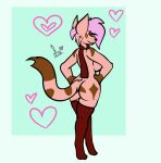  &lt;3 anthro breasts butt cheek_tuft clothed clothing domestic_cat facial_tuft felid feline felis female footwear fur gem hair hands_on_hips kiwizerf legwear mammal orange_eyes partially_clothed pink_hair rockswell_(kiwizerf) scarf simple_background socks solo tail tan_body tan_fur thigh_highs tongue tongue_out tuft 