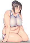  1girl arm_support blush brown_hair character_request commentary_request copyright_request covered_nipples fat furrowed_brow hair_between_eyes hair_bun highres lips navel orizen shadow sidelocks simple_background solo sports_bra thick_arms thick_thighs thighs white_background 
