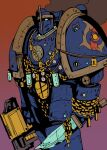  1boy armor blue_armor blue_background bolter chain chaos_(warhammer) chaos_space_marine commentary dagger darkmechanic helmet highres holding holding_dagger holding_weapon knife multicolored_background power_armor purple_background shoulder_armor space_marine tzeentch warhammer_40k weapon 