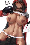  1girl abs absurdres artist_name bangs black_choker black_gloves black_hair black_shorts blush boxing_gloves breast_tattoo breasts chest_belt chinese_commentary choker clothes_lift coat collarbone commentary_request covered_nipples cowboy_shot dark-skinned_female dark_skin envelope eyebrows_visible_through_hair girls&#039;_frontline girls&#039;_frontline_neural_cloud gloves groin hair_between_eyes heart_pasties highres hip_vent holding holding_envelope hood hood_up hooded_coat large_breasts larger_bmx lifted_by_self long_hair long_sleeves looking_at_viewer love_letter magnhilda_(girls&#039;_frontline_nc) muscular muscular_female navel parted_lips pasties red_coat shirt shirt_lift shorts sidelocks simple_background solo spoken_blush standing steam stomach sweat tank_top tattoo white_background white_tank_top yellow_eyes 