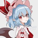  1girl ascot bat_wings blue_hair bow dress eyebrows_visible_through_hair frilled_shirt frilled_shirt_collar frills from_side gotou_(nekocat) hat hat_ribbon highres looking_at_viewer mob_cap pink_dress pointy_ears red_ascot red_bow red_eyes red_ribbon remilia_scarlet ribbon shirt short_hair simple_background solo touhou upper_body vampire white_background wings 