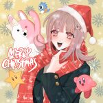  1girl :d bangs brown_background brown_hair christmas copyright_request danganronpa_(series) danganronpa_2:_goodbye_despair ear_bow galaga hair_ornament hand_up highres jacket kirby kirby_(series) long_sleeves mario_(series) medium_hair merry_christmas monomi_(danganronpa) nanami_chiaki open_mouth peosi_(percy) pink_eyes red_scarf scarf shiny shiny_hair shirt smile snowflake_print star_(symbol) teeth upper_teeth 