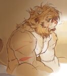  another_eidos_of_dragon_vein_r anthro bed biceps blonde_hair felid furniture hair hi_res leonhart_(anothereidos_r) lion male mammal mane muscular pantherine pecs scar solo waking_up wasp_(artist) 