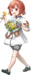  1girl blush bouquet dress flower full_body grey_footwear grey_shorts holding holding_bouquet holding_flower hozuka_(kadokawa) kaiboukan_no._4_(kancolle) kantai_collection official_alternate_costume official_art open_mouth purple_flower red_eyes red_hair shoes short_hair short_sleeves shorts smile sneakers solo transparent_background white_dress white_flower yellow_flower 