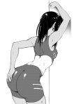  1girl absurdres against_wall alternate_costume ass back bike_shorts breasts covered_nipples dark-skinned_female dark_skin deep_skin dimples_of_venus from_behind hand_on_own_ass highres ijiranaide_nagatoro-san leaning_forward medium_hair monochrome nagatoro_hayase ponytail skin_tight small_breasts solo speedl00ver sports_bra sweat 