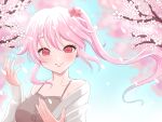  1girl blush breasts cherry_blossoms closed_mouth collarbone fingernails gradient_hair hair_between_eyes harusame_(kancolle) kantai_collection long_hair long_sleeves looking_at_viewer medium_breasts multicolored_hair petals pink_eyes pink_hair side_ponytail smile solo upper_body yomogi_dango 