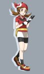  1girl asatsuki_(fgfff) bandana bike_shorts breasts brown_hair cosplay full_body gloves highres long_hair lyra_(pokemon) may_(pokemon) may_(pokemon)_(cosplay) open_mouth pokemon pokemon_(game) pokemon_hgss pokemon_rse shorts simple_background solo twintails 