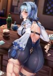  1girl absurdres alcohol ass back backless_outfit bangs beer beer_mug black_gloves black_hairband black_legwear black_leotard blue_cape blue_gloves blue_hair blush bottle breasts cape card cup eric_(tianqijiang) eula_(genshin_impact) feet genshin_impact gloves hair_ornament hairband highres large_breasts leotard long_sleeves looking_at_viewer looking_back medium_hair mug necktie playing_card shirt sidelocks soles table thighhighs thighs two-tone_gloves white_shirt yellow_eyes 