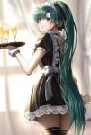  1girl alcohol alternate_costume back_cutout bangs black_dress black_legwear black_ribbon blurry blurry_background blush bow champagne closed_mouth clothing_cutout cup curtains delsaber dress drinking_glass earrings enmaided fire_emblem fire_emblem:_the_blazing_blade frilled_dress frills from_behind green_eyes green_hair hair_ribbon high_ponytail highres holding holding_tray jewelry long_hair looking_at_viewer looking_back lyn_(fire_emblem) maid maid_headdress ponytail ribbon short_sleeves simple_background solo sparkle thighhighs thighs tray very_long_hair waist_bow wavy_mouth wrist_cuffs zettai_ryouiki 