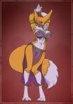  anthro bandai_namco breasts claws clothing digimon digimon_(species) digitigrade dipstick_ears dipstick_tail female fur genitals gloves_(marking) hands_above_head harem_outfit hi_res leg_markings markings multicolored_ears navel nipples pussy renamon socks_(marking) solo tail_markings toe_claws translucent translucent_clothing yawg yellow_body yellow_fur 