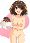  1girl absurdres bar_censor breasts brown_eyes brown_hair cake censored cleavage commission completely_nude food fruit hairband happy_birthday haruhisky heart heart_background highres holding holding_cake holding_food looking_at_viewer medium_breasts medium_hair nipples nude open_mouth orange_hairband pussy second-party_source smile solo strawberry suzumiya_haruhi suzumiya_haruhi_no_yuuutsu teeth thigh_gap upper_teeth 