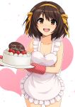  1girl absurdres apron breasts brown_eyes brown_hair cake cleavage commission food frilled_apron frills fruit hairband happy_birthday haruhisky heart heart_background highres holding holding_cake holding_food looking_at_viewer medium_breasts medium_hair naked_apron open_mouth orange_hairband oven_mitts second-party_source smile solo strawberry suzumiya_haruhi suzumiya_haruhi_no_yuuutsu teeth upper_teeth white_apron 