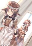 1girl absurdres alternate_costume animal_ear_fluff animal_ears apron arknights black_legwear bondage_outfit brown_eyes brown_hair chinese_commentary commentary_request dress enmaided highres looking_at_viewer maid maid_apron maid_headdress mirror perfumer_(arknights) see-through sirills smile tail thighhighs twintails 