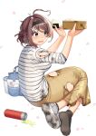  1girl ahoge akasaka_yuzu black_legwear blush brown_hair chougei_(kancolle) food full_body green_tea grey_eyes hair_ornament holding holding_food kantai_collection long_hair long_sleeves official_alternate_costume official_art onigiri open_mouth shirt shoes skirt sneakers socks solo striped striped_shirt tea tears torn_clothes torn_shirt torn_skirt transparent_background white_footwear white_shirt yellow_skirt 