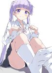  1girl bangs blunt_bangs closed_mouth commentary_request eyebrows_visible_through_hair highres long_hair long_sleeves looking_at_viewer new_game! pink_ribbon purple_eyes purple_hair rauto ribbon shirt simple_background sitting smile socks solo suzukaze_aoba twintails white_background white_shirt 