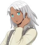  1boy blue_eyes closed_mouth dark-skinned_male dark_skin gundam high_collar kei-co looking_at_viewer loran_cehack male_focus silver_hair simple_background smile solo suspenders turn_a_gundam white_background 