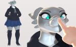  2020 3d_(artwork) anthro boop bottomwear clothed clothing delbi3d digital_media_(artwork) disembodied_hand female female_focus human kobold mammal nose_boop simple_background skirt smile spikes spikes_(anatomy) 