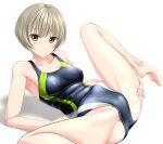  1girl absurdres akebi-chan_no_serafuku barefoot black_swimsuit breasts collarbone commentary_request competition_swimsuit grey_eyes highres looking_at_viewer medium_breasts minakami_riri one-piece_swimsuit short_hair silver_hair simple_background solo spread_legs swimsuit takafumi white_background 