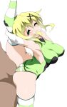  1girl akatsuki_kirika arched_back ass blonde_hair breasts flexible green_eyes green_leotard hair_ornament highres leg_hold leg_lift leg_up leotard looking_at_viewer medium_breasts ohako one_eye_closed senki_zesshou_symphogear sex shiny shiny_hair shiny_skin short_hair simple_background smile solo split spread_legs standing standing_on_one_leg standing_split striped striped_legwear teeth white_background x_hair_ornament 