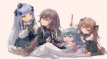  404_(girls&#039;_frontline) 4girls absurdres baby black_cat blue_eyes brown_eyes brown_hair cat g11_(girls&#039;_frontline) girls&#039;_frontline green_eyes hair_between_eyes hair_ornament hair_ribbon hat highres hk416_(girls&#039;_frontline) long_hair long_sleeves mini_hat multiple_girls pacifier ren_huozhe ribbon side_ponytail silver_hair twintails two_side_up ump45_(girls&#039;_frontline) ump9_(girls&#039;_frontline) white_legwear younger 