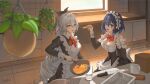  2girls apron arepko black_bow blue_eyes blue_hair bow bowl bowtie breasts bronya_zaychik cleavage detached_collar eye_contact glass grey_eyes hair_bow highres holding holding_bowl honkai_(series) honkai_impact_3rd indoors large_breasts looking_at_another maid maid_apron maid_headdress mixing_bowl multiple_girls plant ponytail red_bow red_bowtie seele_vollerei short_hair silver_hair window 