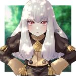  1girl bangs fire_emblem fire_emblem:_three_houses forest garreg_mach_monastery_uniform hands_on_hips long_hair long_sleeves looking_at_viewer lowrouge lysithea_von_ordelia nature open_mouth pink_eyes short_hair simple_background solo uniform upper_body very_long_hair white_hair 