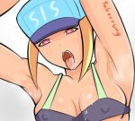  1girl armpits arms_up bikini blonde_hair breasts cleavage covered_nipples hat heart heart-shaped_pupils looking_at_viewer medium_breasts open_mouth original presenting_armpit red_eyes saberrung saliva sidelocks signature simple_background sport_girl_(saberrung) steam string_bikini sweat swimsuit symbol-shaped_pupils tongue tongue_out wet 