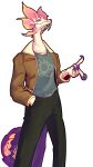  anthro capcom claws clothing exoskellet fin fin_frill frill_(anatomy) hand_in_pocket hi_res jacket leviathan_(mh) male mizutsune monster_hunter pink_body pockets scales scalie smug standing topwear video_games 