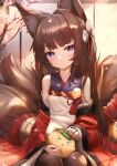  &gt;_&lt; 0_0 1girl absurdres amagi-chan_(azur_lane) animal_ear_fluff animal_ears azur_lane bangs bare_shoulders blush brown_hair brown_legwear child closed_mouth commentary_request creature detached_sleeves eyebrows_visible_through_hair fox_ears fox_girl fox_tail hair_intakes highres japanese_clothes large_tail leaf long_hair long_sleeves looking_at_viewer manjuu_(azur_lane) multiple_tails nekoya_(liu) pantyhose petals petting purple_eyes red_ribbon ribbon sitting solo_focus tail tassel two_side_up very_long_hair wide_sleeves 