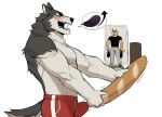  2022 anthro baguette biped black_body black_fur blush bread brown_body brown_fur bulge canid canine canis claws clothing digital_media_(artwork) domestic_dog duo eggplant finger_claws food fruit fur gakujo hi_res husky male mammal multicolored_body multicolored_fur nordic_sled_dog open_mouth open_smile plant simple_background smile spitz tan_body tan_fur tenting two_tone_body two_tone_fur underwear white_background white_body white_fur 