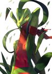 arm_scarf armpits bleeding blood blurry blurry_background commentary_request green_eyes grovyle highres injury karamimame leaf looking_at_viewer multicolored_eyes no_humans open_mouth pokemon pokemon_(creature) scarf scratches slit_pupils torn_scarf upper_body white_background yellow_eyes 