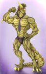  absurd_res anthro arm_spikes blush boxers_(clothing) bulge claws clothed clothing digitigrade dragon elbow_spikes flexing glowing green_body green_scales hand_on_hip hi_res horn kammuraqi male muscular necktie orange_eyes partially_clothed reptile scales scalie spikes spikes_(anatomy) text underwear yellow_sclera 