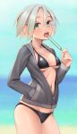  1girl bikini bikini_under_clothes black_bikini blue_sky blurry blurry_background blush breasts cleavage collarbone commentary_request cowboy_shot day depth_of_field eating food glasses green_eyes grey_jacket hair_between_eyes hand_in_pocket highres holding holding_food horizon jacket long_sleeves looking_at_viewer medium_breasts navel ocean open_clothes open_jacket open_mouth original outdoors popsicle rimless_eyewear rotix short_hair silver_hair sky solo swimsuit teeth tongue tongue_out upper_teeth 