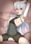  1girl 3boys arm_grab black_shorts blue_eyes blush breasts censored cheek_bulge clothed_sex clothing_aside commission cosplay fellatio gangbang grey_hair group_sex hair_between_eyes hetero hibiki_(kancolle) highres kantai_collection long_hair long_sleeves mosaic_censoring multiple_boys multiple_penises myht nipple_pull nipples oral panties panties_aside penis sex shorts skeb_commission solo_focus taihou_(kancolle) taihou_(kancolle)_(cosplay) tearing_up torn_clothes torn_shorts underwear vaginal 