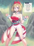  1girl arm_wrap blonde_hair blue_eyes breasts cleavage duplicate hairband irida_(pokemon) jewelry knees medium_breasts neck_ring pixel-perfect_duplicate pokemon pokemon_(game) pokemon_legends:_arceus red_hairband red_shirt shirt short_hair shorts solo strapless strapless_shirt supersatanson waist_cape white_shorts 