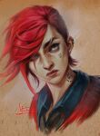  1girl arcane:_league_of_legends arcane_vi artist_name bangs brown_background character_name closed_mouth cropped_shoulders ear_piercing inna_vjuzhanina jacket league_of_legends neck_tattoo nose_piercing piercing red_hair red_jacket short_hair solo tattoo vi_(league_of_legends) 