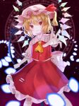  1girl arm_up ascot back_bow bangs black_background blonde_hair blush bow buttons closed_mouth collared_shirt crystal danmaku embodiment_of_scarlet_devil eyebrows_visible_through_hair flandre_scarlet frills gradient gradient_background grey_bow hair_between_eyes hand_up hat hat_ribbon highres jewelry laevatein_(touhou) looking_at_viewer mob_cap multicolored_wings nyanaya one_side_up pentagram pink_headwear pink_shirt polearm puffy_short_sleeves puffy_sleeves purple_background red_eyes red_ribbon red_skirt red_vest ribbon shirt short_hair short_sleeves skirt smile solo spear spell_card standing touhou v-shaped_eyebrows vest weapon wings yellow_ascot 