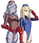  bangs blonde_hair blue_headwear blunt_bangs bodypaint breasts brown_headwear brown_leotard cammy_white cammy_white_(cosplay) closed_eyes colored_skin commentary_request cosplay cowboy_shot dark_persona fate/grand_order fate_(series) fingerless_gloves garrison_cap gloves green_eyes grey_hair grey_skin hai_(h81908190) hat highleg highleg_leotard leotard long_hair lord_el-melloi_ii_case_files metal_skin mind_control red_gloves reines_el-melloi_archisorte ribbed_leotard salute shadaloo_dolls simple_background small_breasts standing street_fighter street_fighter_zero_(series) trimmau_(fate) white_background 