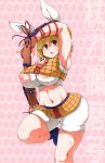  1girl animal_ears armpits bangs blonde_hair blunt_bangs blush breasts eyebrows_visible_through_hair foot_out_of_frame haniwa_(statue) huge_breasts joutouguu_mayumi midriff navel nipples pink_background short_hair simple_background solo standing standing_on_one_leg sugiura sweat thick_thighs thighs torn_clothes touhou 