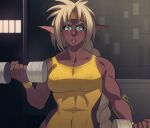  1girl aisha_clanclan athletic_leotard biceps braid braided_ponytail breasts brown_lips collarbone commission covered_abs covered_nipples dark-skinned_female dark_skin dumbbell english_commentary exercise exmile facing_viewer green_eyes headband leotard long_braid medium_breasts muscular muscular_female outlaw_star platinum_blonde_hair puckered_lips single_braid slit_pupils solo sweat teeth upper_teeth weightlifting yellow_headband yellow_leotard 