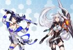  2girls bare_shoulders black_gloves black_jacket blue_eyes gloves hair_ornament heterochromia holding holding_polearm holding_sword holding_weapon honkai_(series) honkai_impact_3rd jacket katana kiana_kaslana kiana_kaslana_(void_drifter) kutty-sark long_hair looking_at_viewer multiple_girls polearm purple_eyes purple_hair raiden_mei raiden_mei_(striker_fulminata) shirt spear sword weapon white_hair white_jacket white_shirt yellow_eyes 