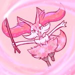  1girl :3 alternate_color alternate_shiny_pokemon animal_ear_fluff animal_ears animal_feet animal_hands animal_nose arms_up black_fur body_fur braixen commentary_request dutch_angle fangs flat_chest floral_print fox_ears fox_girl fox_tail full_body furry furry_female gardear058 happy highres holding holding_stick jumping looking_at_viewer open_mouth outstretched_arms pink_background pink_eyes pink_fur pink_theme pokemon pokemon_(creature) simple_background smile solo spread_arms stick tail white_fur 
